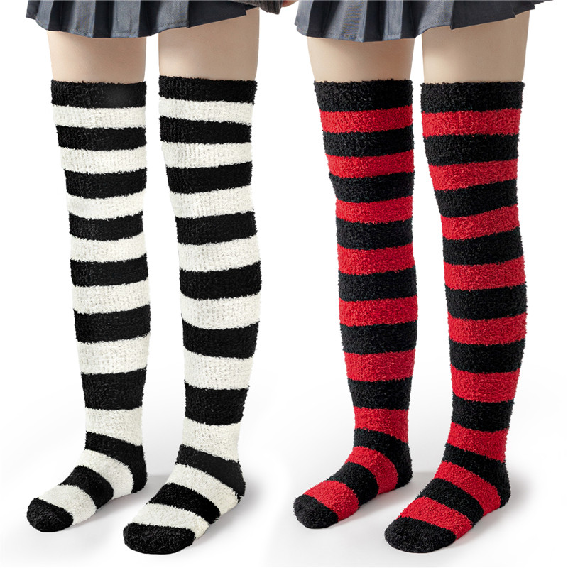 Coral Fleece Knee High Long Heart Pattern Socks 2 Pairs Set – Red & White