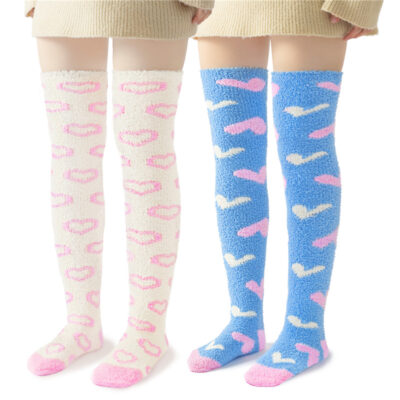 Coral Fleece Knee High Long Heart Pattern Socks 2 Pairs Set ?C Blue & White