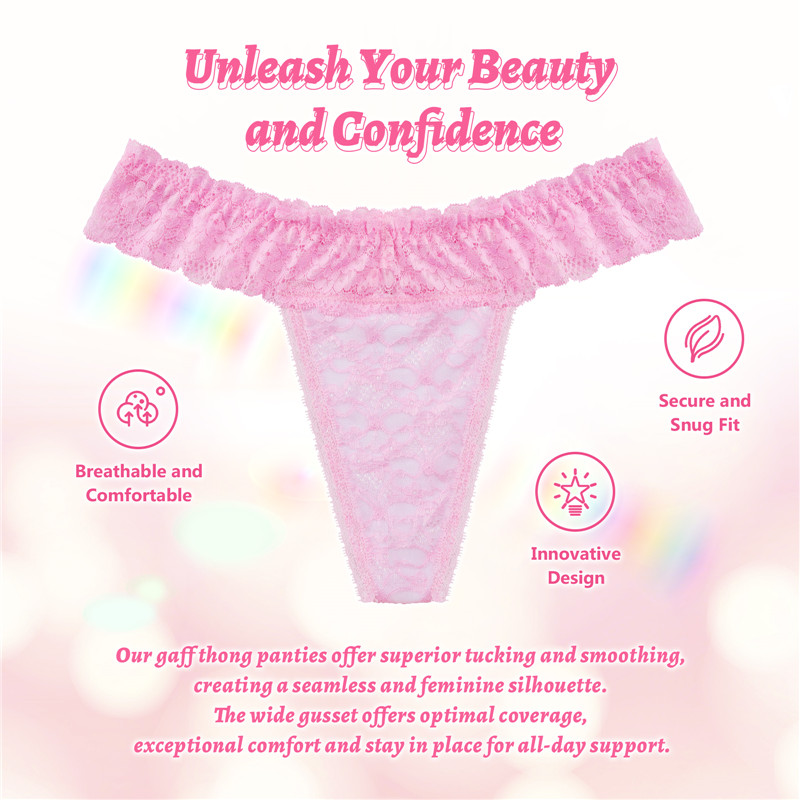 Lace Band Tucking Gaff Thong Panties Pink