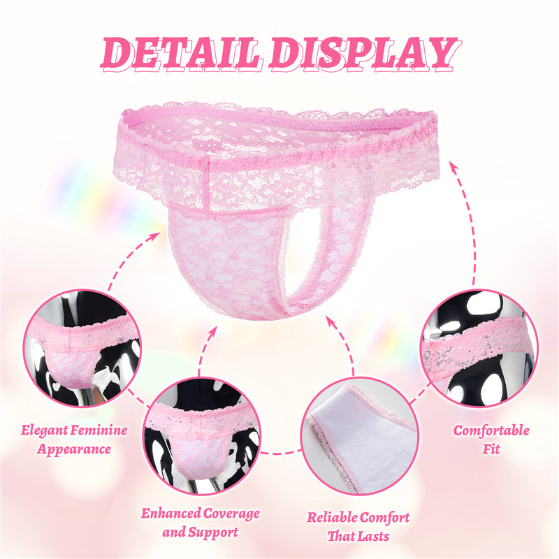 Lace Band Tucking Gaff Thong Panties Pink