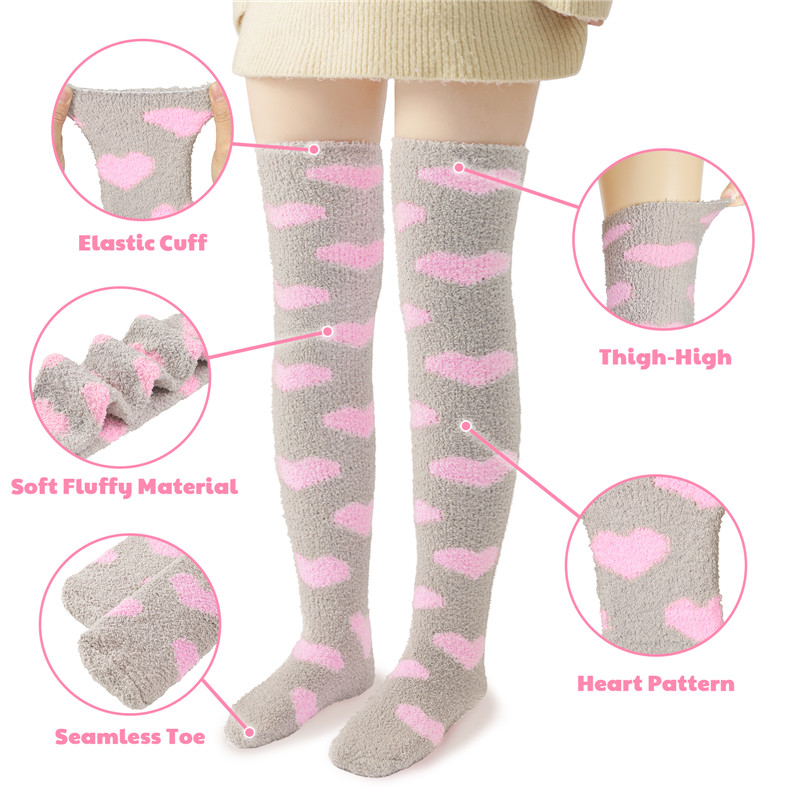 Coral Fleece Knee High Long Heart Pattern Socks 2 Pairs Set – Grey & White