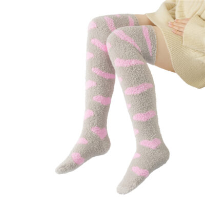 Coral Fleece Knee High Long Heart Pattern Socks 2 Pairs Set - Grey & White