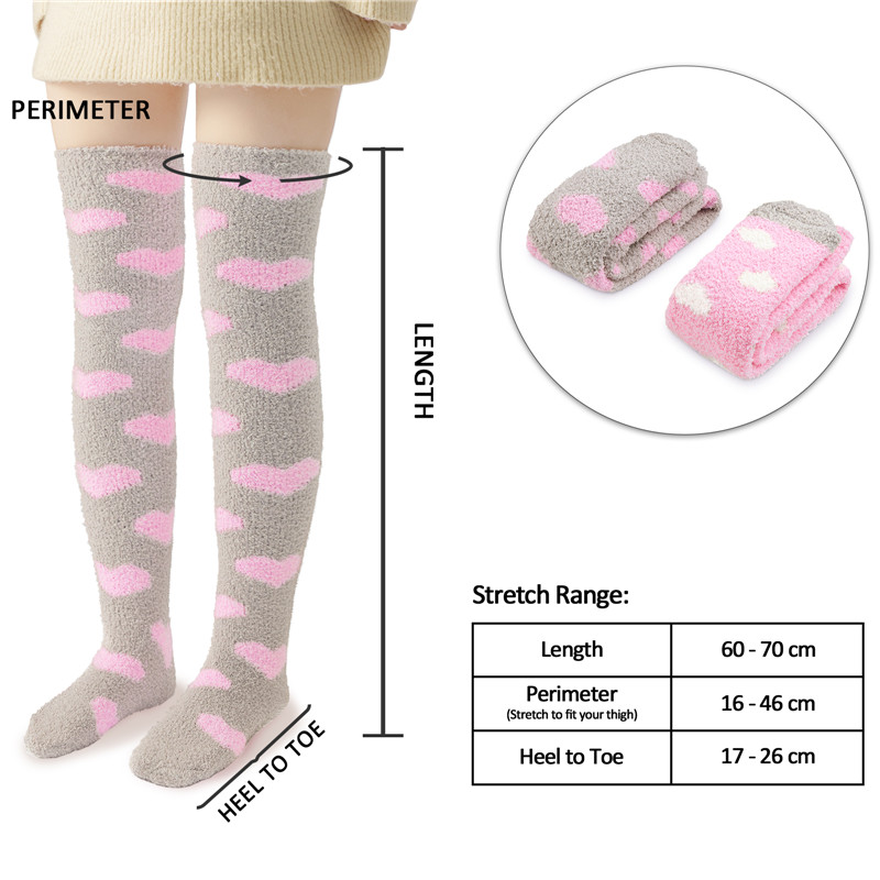 Coral Fleece Knee High Long Heart Pattern Socks 2 Pairs Set – Grey & White