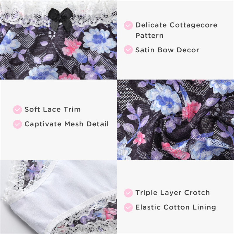 Cottagecore Pattern Tucking Gaff Panties Black