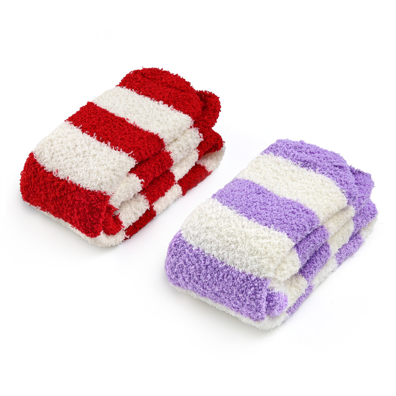 Coral Fleece Knee High Long Striped Socks 2 Pairs Set – Purple & Red