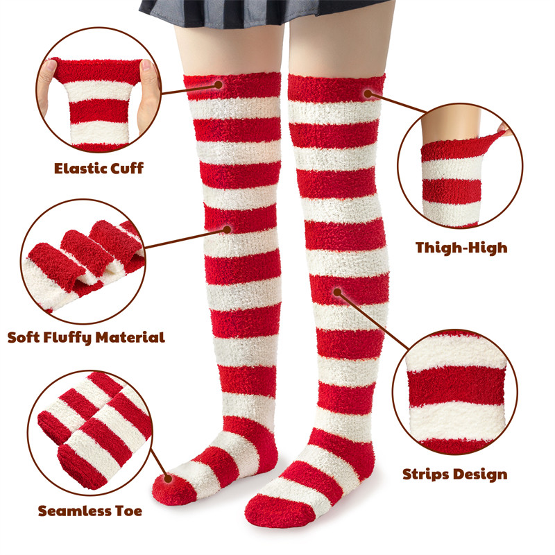 Coral Fleece Knee High Long Striped Socks 2 Pairs Set – Purple & Red