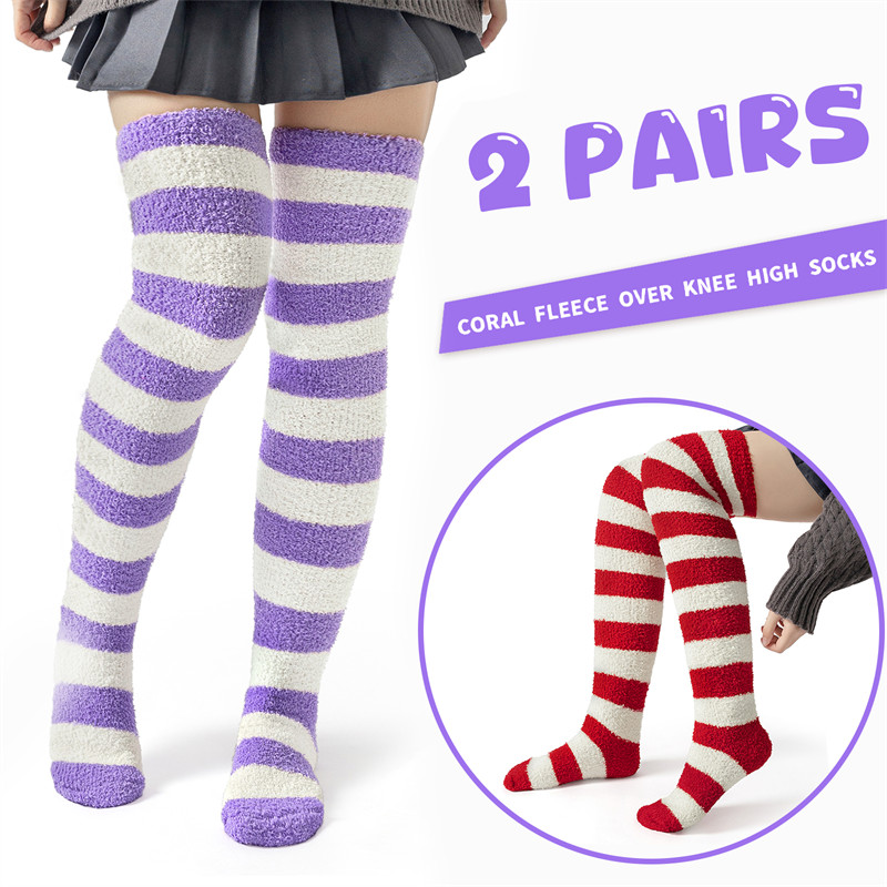 Coral Fleece Knee High Long Striped Socks 2 Pairs Set – Purple & Red