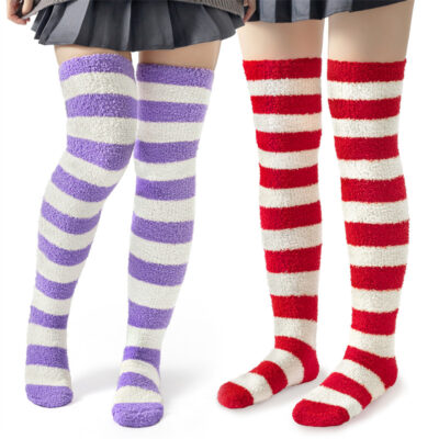 Coral Fleece Knee High Long Striped Socks 2 Pairs Set - Purple & Red