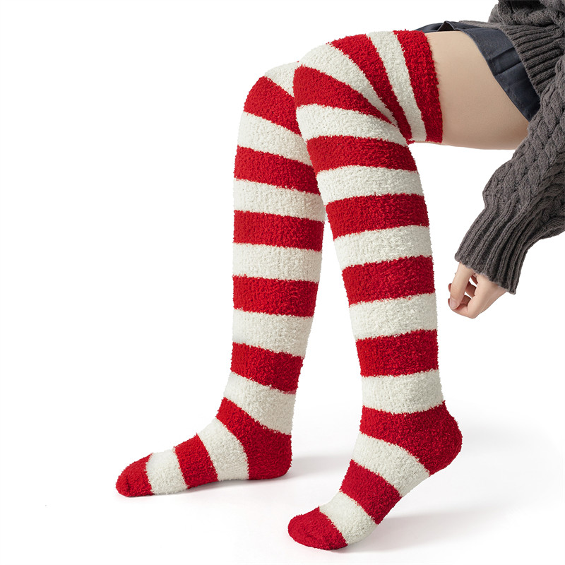 Coral Fleece Knee High Long Striped Socks 2 Pairs Set – Purple & Red