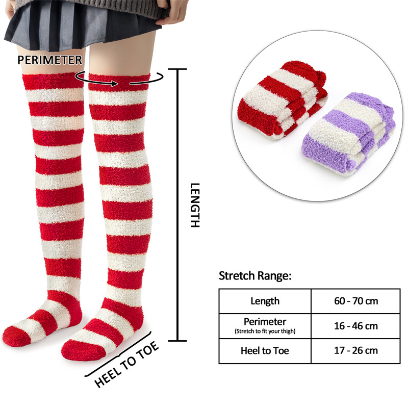 Coral Fleece Knee High Long Striped Socks 2 Pairs Set – Purple & Red