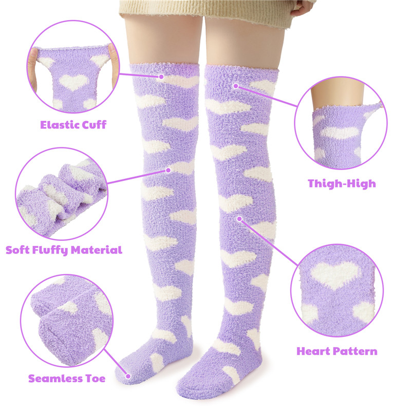 Coral Fleece Knee High Long Heart Pattern Socks 2 Pairs Set – Purple & White