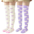 Coral Fleece Knee High Long Heart Pattern Socks 2 Pairs Set – Purple & White