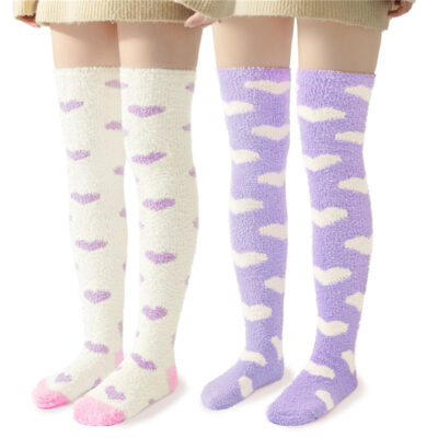 Coral Fleece Knee High Long Heart Pattern Socks 2 Pairs Set – Purple & White