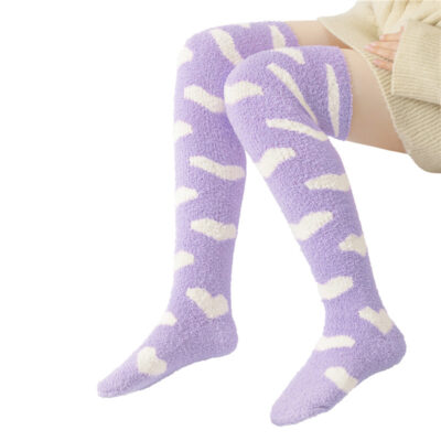 Coral Fleece Knee High Long Heart Pattern Socks 2 Pairs Set – Purple & White