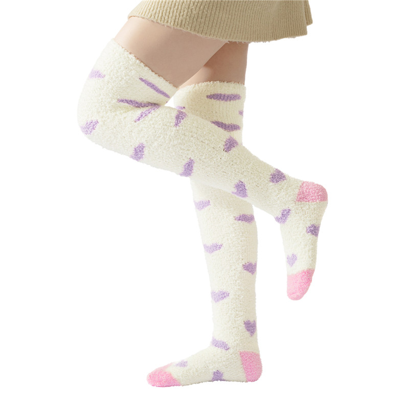 Coral Fleece Knee High Long Heart Pattern Socks 2 Pairs Set – Purple & White