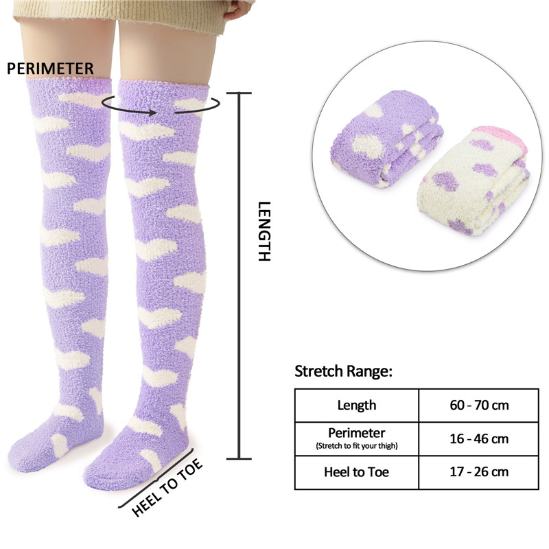 Coral Fleece Knee High Long Heart Pattern Socks 2 Pairs Set – Purple & White