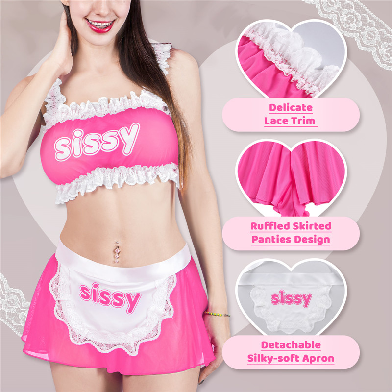 SissyUniversity Maid See-through Bralette Skirted Panties Set Hot Pink