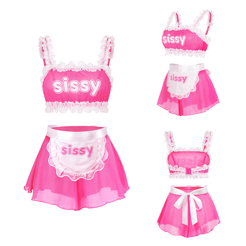 SissyUniversity Maid See-through Bralette Skirted Panties Set Hot Pink