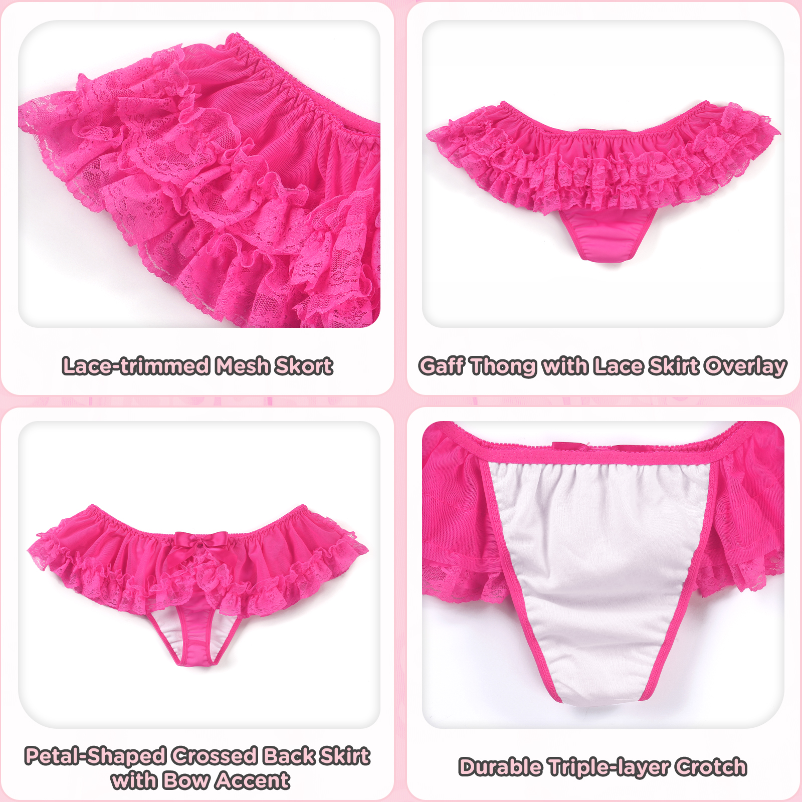 Lace Skort Tucking Gaff Thong Panties Hot Pink