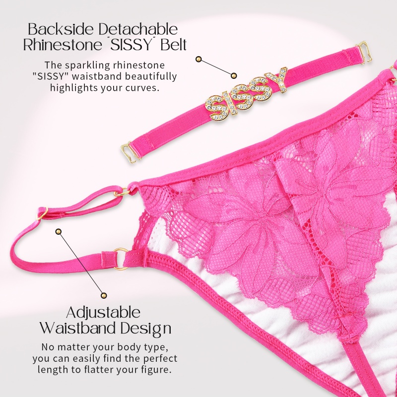 SissyUniversity Doll Lace and Rhinestone Tanga Tucking Gaff Thong Panties Hot Pink