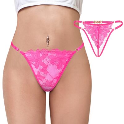 SissyUniversity Doll Lace and Rhinestone Tanga Tucking Gaff Thong Panties Hot Pink