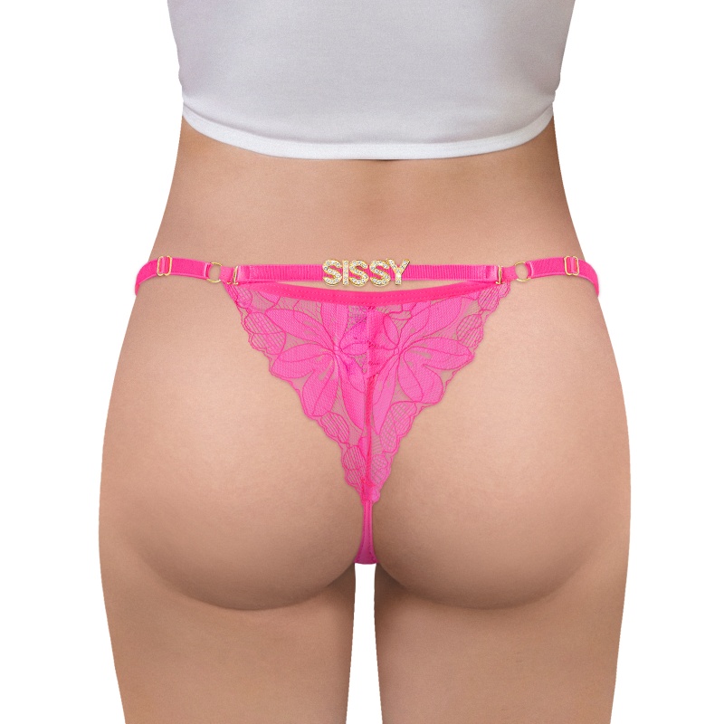 SissyUniversity Doll Lace and Rhinestone Tanga Tucking Gaff Thong Panties Hot Pink