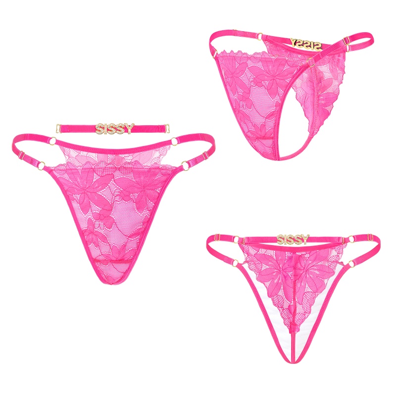 SissyUniversity Doll Lace and Rhinestone Tanga Tucking Gaff Thong Panties Hot Pink