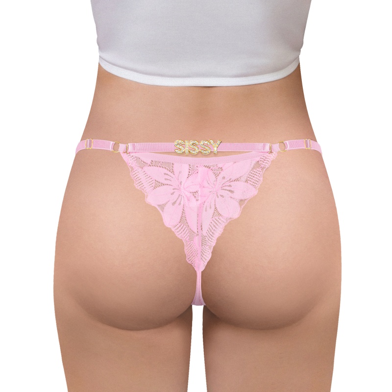 SissyUniversity Doll Lace and Rhinestone Tanga Tucking Gaff Thong Panties Pink