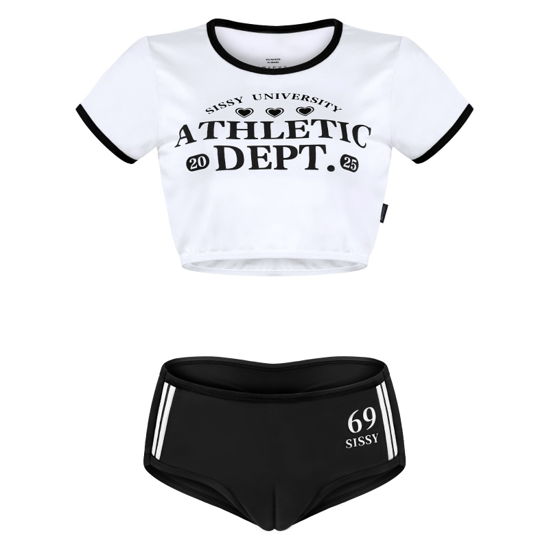 SissyUniversity Varsity Gym Camel Toe Tucking Gaff Shorts Set Black