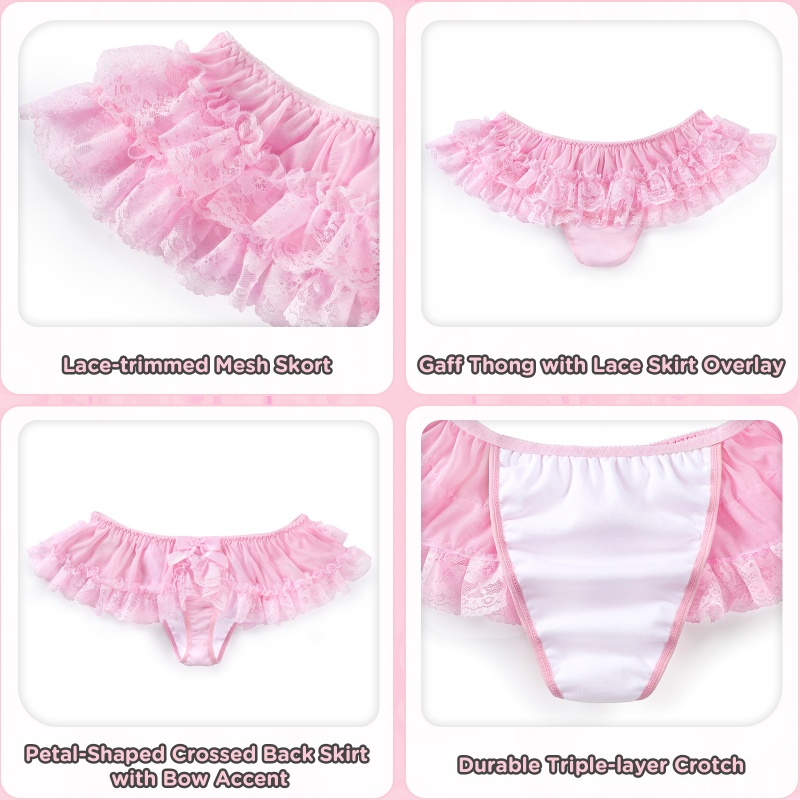 Lace Skort Tucking Gaff Thong Panties Pink